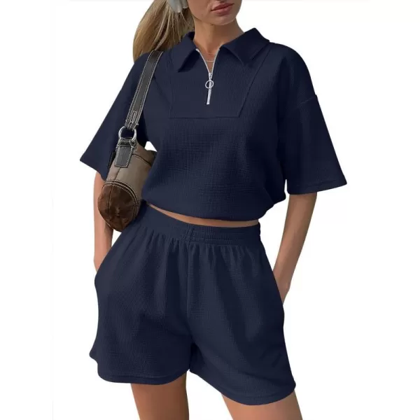 imageANRABESS Womens 2 Piece Outfits Half Zip Lapel Collar Short Sleeve Drawstring Crop Tops Short Pants Lounge Sets SweatsuitNavy Blue