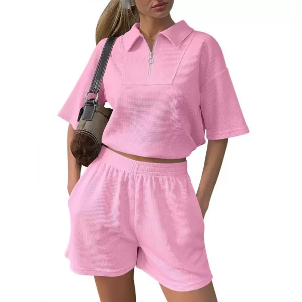 imageANRABESS Womens 2 Piece Outfits Half Zip Lapel Collar Short Sleeve Drawstring Crop Tops Short Pants Lounge Sets SweatsuitPink