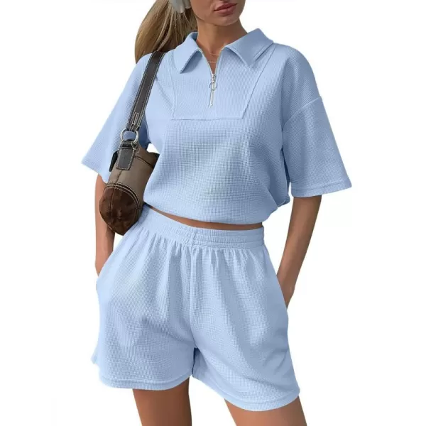 imageANRABESS Womens 2 Piece Outfits Half Zip Lapel Collar Short Sleeve Drawstring Crop Tops Short Pants Lounge Sets SweatsuitSky