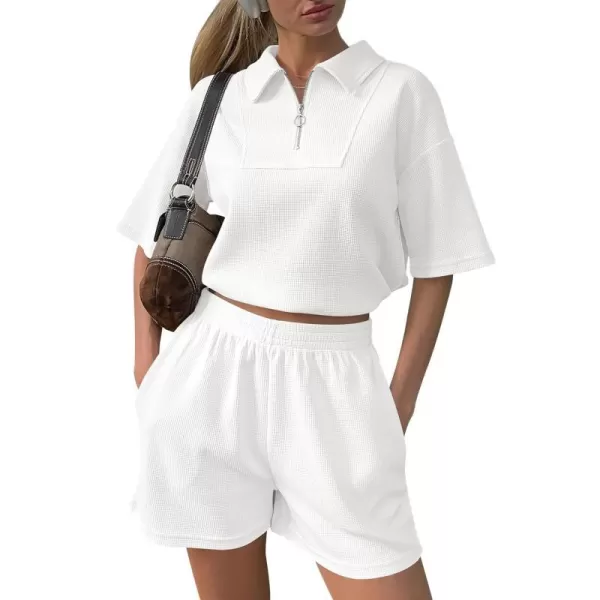imageANRABESS Womens 2 Piece Outfits Half Zip Lapel Collar Short Sleeve Drawstring Crop Tops Short Pants Lounge Sets SweatsuitWhite
