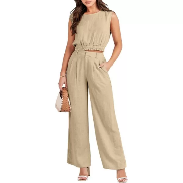 imageANRABESS Womens 2 Piece Outfits Linen Crop Tank Top Lounge Matching Sets amp Wide Leg Pants Tracksuits with PocketsApricot
