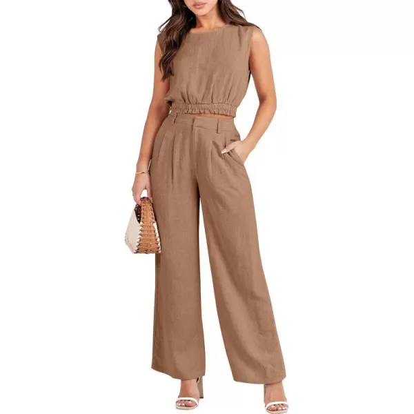 imageANRABESS Womens 2 Piece Outfits Linen Crop Tank Top Lounge Matching Sets amp Wide Leg Pants Tracksuits with PocketsKhaki