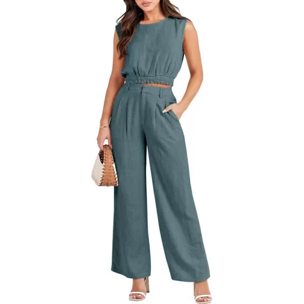 imageANRABESS Womens 2 Piece Outfits Linen Crop Tank Top Lounge Matching Sets amp Wide Leg Pants Tracksuits with PocketsLake