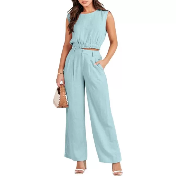 imageANRABESS Womens 2 Piece Outfits Linen Crop Tank Top Lounge Matching Sets amp Wide Leg Pants Tracksuits with PocketsLight Bule