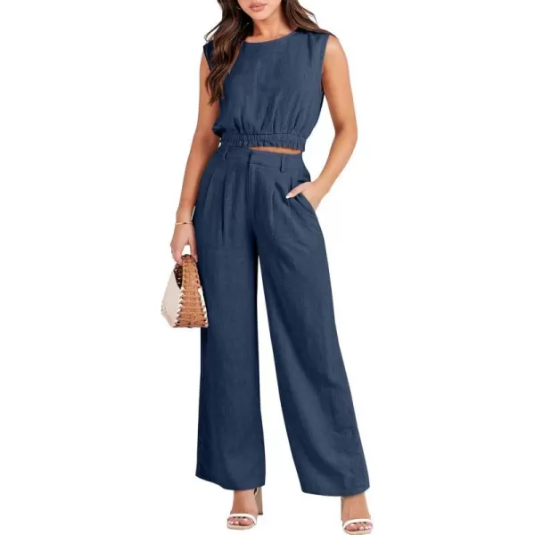 imageANRABESS Womens 2 Piece Outfits Linen Crop Tank Top Lounge Matching Sets amp Wide Leg Pants Tracksuits with PocketsNavy Blue