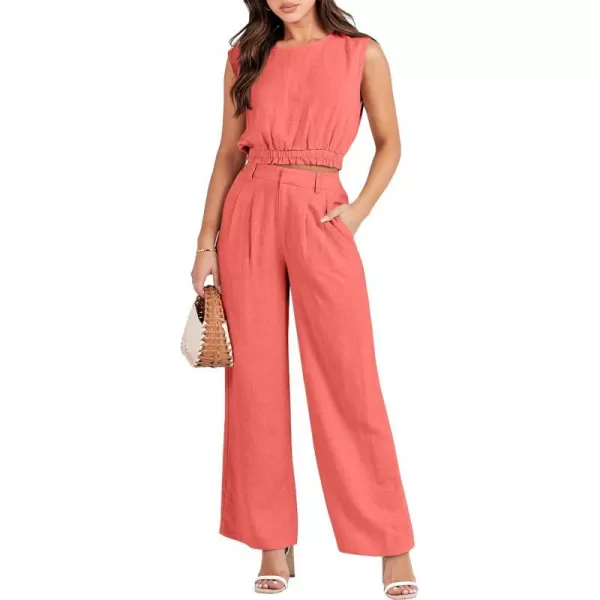imageANRABESS Womens 2 Piece Outfits Linen Crop Tank Top Lounge Matching Sets amp Wide Leg Pants Tracksuits with PocketsPeach
