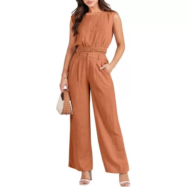 imageANRABESS Womens 2 Piece Outfits Linen Crop Tank Top Lounge Matching Sets amp Wide Leg Pants Tracksuits with PocketsRust