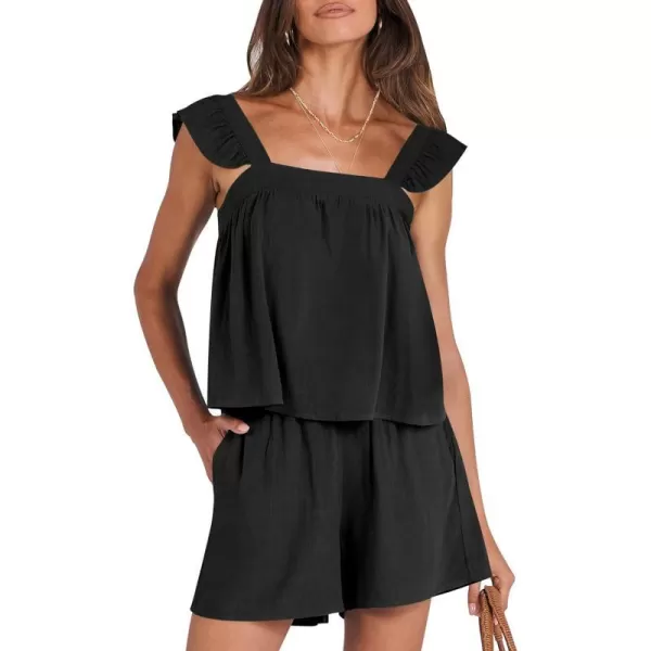 imageANRABESS Womens 2 Piece Outfits Linen Set 2024 Summer Cami Sleeveless Crop Top Shorts Vacation Matching Lounge SetBlack