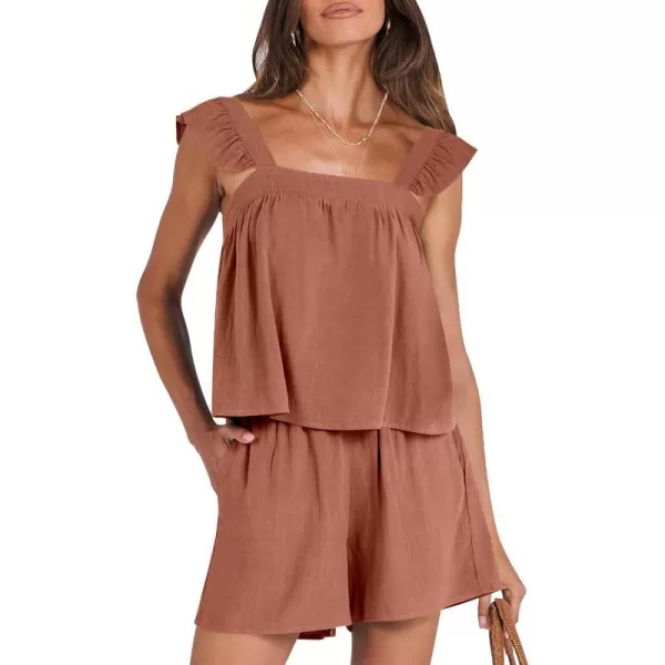 imageANRABESS Womens 2 Piece Outfits Linen Set 2024 Summer Cami Sleeveless Crop Top Shorts Vacation Matching Lounge SetBrick Red