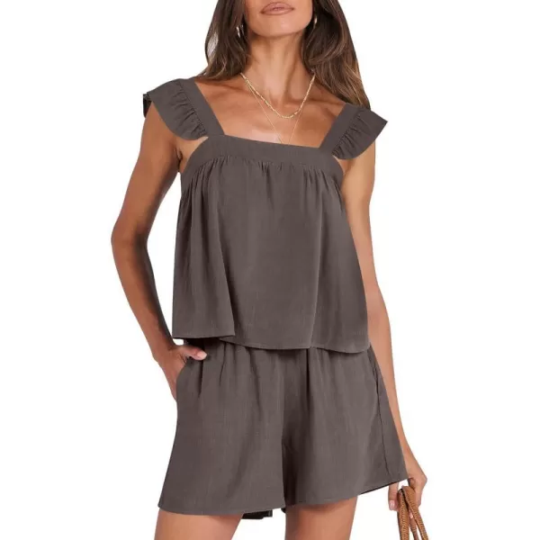 imageANRABESS Womens 2 Piece Outfits Linen Set 2024 Summer Cami Sleeveless Crop Top Shorts Vacation Matching Lounge SetCoffee