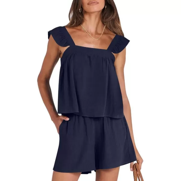 imageANRABESS Womens 2 Piece Outfits Linen Set 2024 Summer Cami Sleeveless Crop Top Shorts Vacation Matching Lounge SetNavy Blue