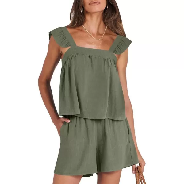 imageANRABESS Womens 2 Piece Outfits Linen Set 2024 Summer Cami Sleeveless Crop Top Shorts Vacation Matching Lounge SetOlive