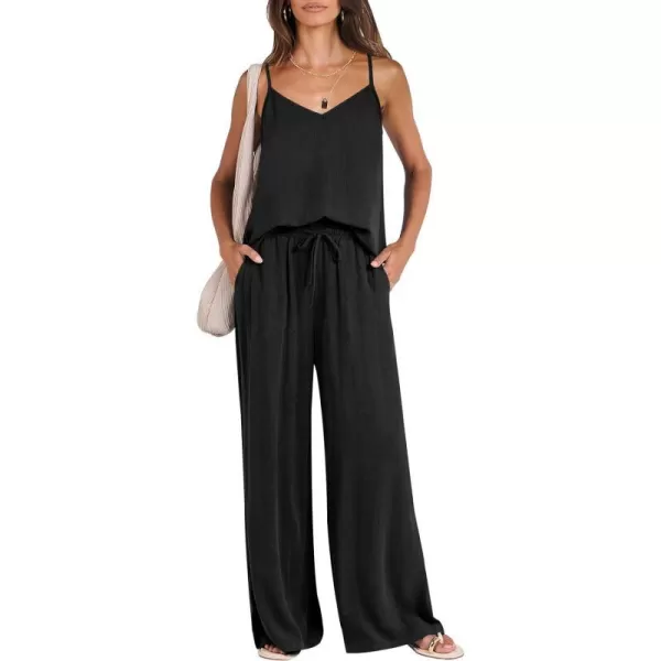 imageANRABESS Womens 2 Piece Outfits Linen Sleeveless Tops Drawstring Wide Leg Pants Matching Lounge Set with PocketsBlack