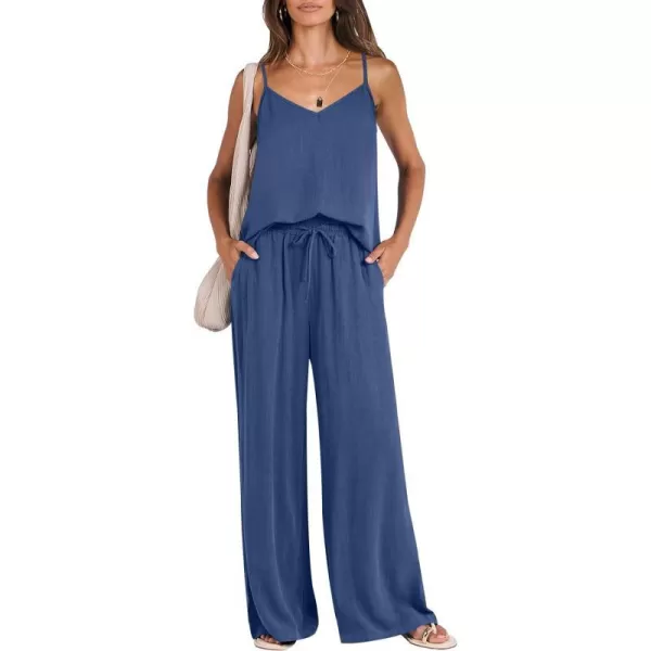 imageANRABESS Womens 2 Piece Outfits Linen Sleeveless Tops Drawstring Wide Leg Pants Matching Lounge Set with PocketsDeep Blue