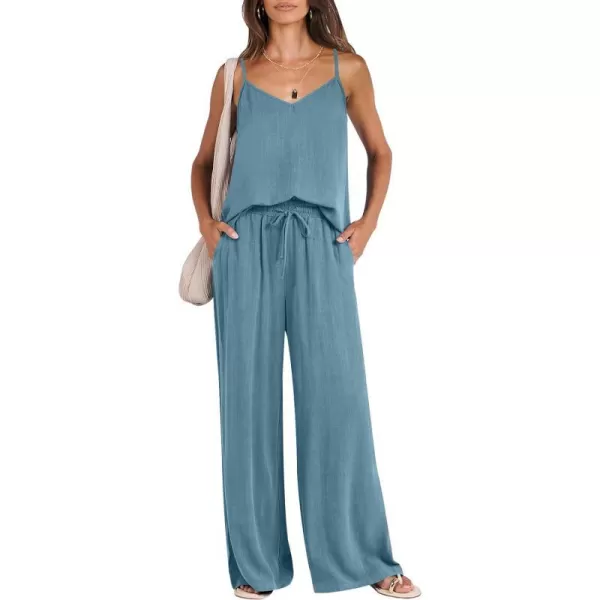 imageANRABESS Womens 2 Piece Outfits Linen Sleeveless Tops Drawstring Wide Leg Pants Matching Lounge Set with PocketsGray Blue