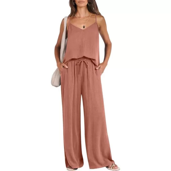 imageANRABESS Womens 2 Piece Outfits Linen Sleeveless Tops Drawstring Wide Leg Pants Matching Lounge Set with PocketsRust