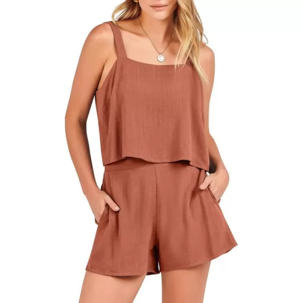 imageANRABESS Womens 2 Piece Outfits Linen Square Neck Crop Short Set Lounge Matching Sets 2024 Summer Trendy ClothesOrange Rust