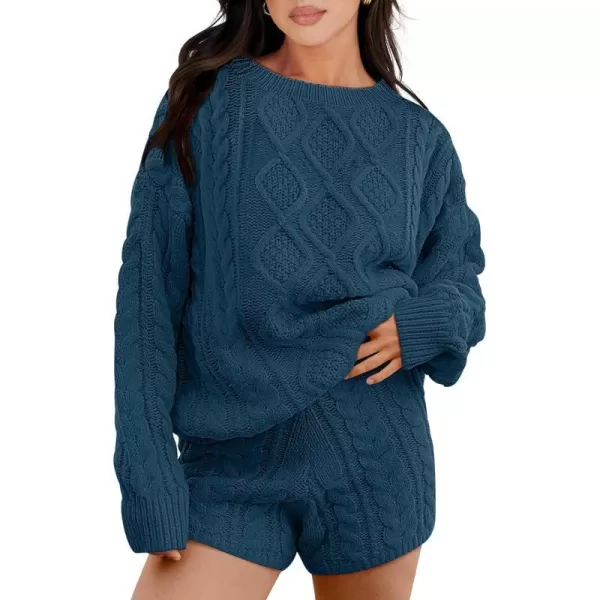 imageANRABESS Womens 2 Piece Outfits Long Sleeve Cable Knit Chunky Oversized Pullover Sweaters Winter Lounge Loungewear SetsTeal