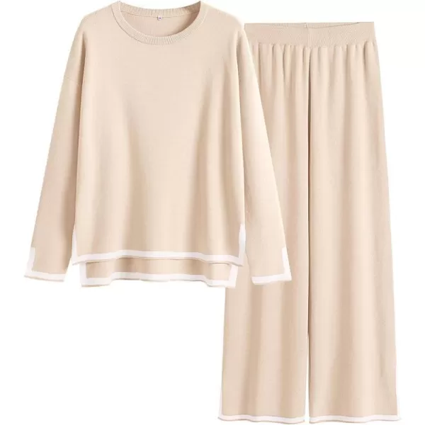 imageANRABESS Womens 2 Piece Outfits Long Sleeve Knit Sweater Top Wide Leg Pants Casual Lounge Sets Travel TracksuitsBeige
