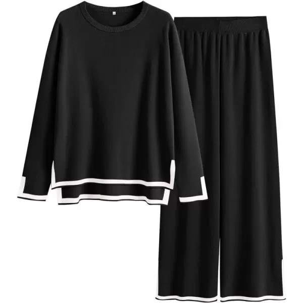 imageANRABESS Womens 2 Piece Outfits Long Sleeve Knit Sweater Top Wide Leg Pants Casual Lounge Sets Travel TracksuitsBlack