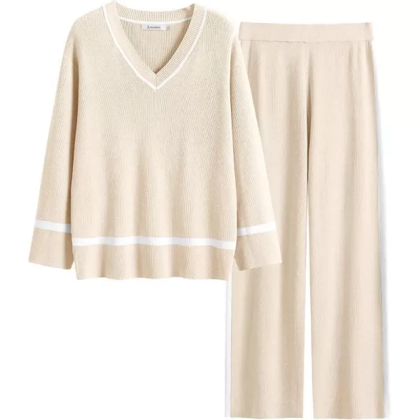 imageANRABESS Womens 2 Piece Outfits Long Sleeve V Neck Knit Sweater Top and Wide Leg Pants Lounge Sets TracksuitsApricot