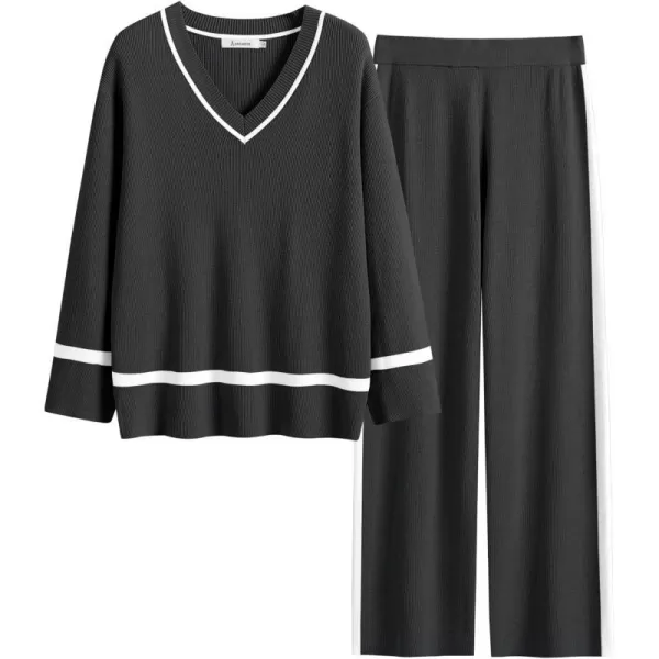 imageANRABESS Womens 2 Piece Outfits Long Sleeve V Neck Knit Sweater Top and Wide Leg Pants Lounge Sets TracksuitsBlack