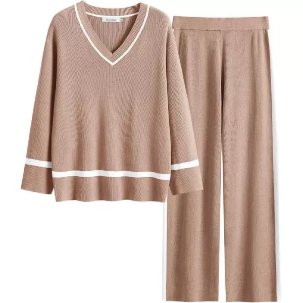 imageANRABESS Womens 2 Piece Outfits Long Sleeve V Neck Knit Sweater Top and Wide Leg Pants Lounge Sets TracksuitsDeep Apricot