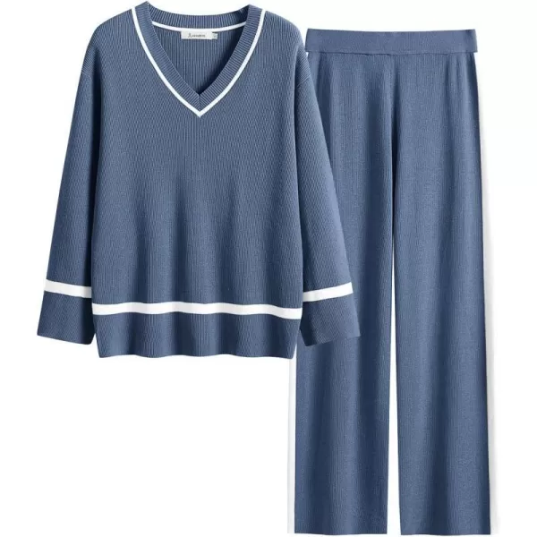 imageANRABESS Womens 2 Piece Outfits Long Sleeve V Neck Knit Sweater Top and Wide Leg Pants Lounge Sets TracksuitsDeep Blue