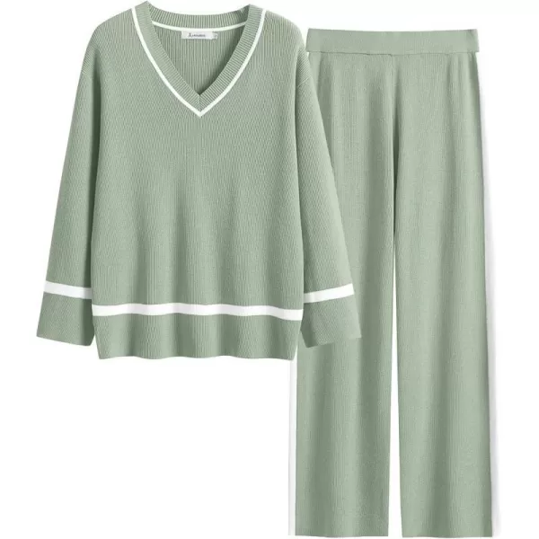 imageANRABESS Womens 2 Piece Outfits Long Sleeve V Neck Knit Sweater Top and Wide Leg Pants Lounge Sets TracksuitsMint Green