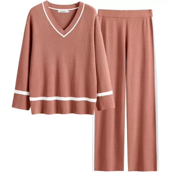 imageANRABESS Womens 2 Piece Outfits Long Sleeve V Neck Knit Sweater Top and Wide Leg Pants Lounge Sets TracksuitsRust Red