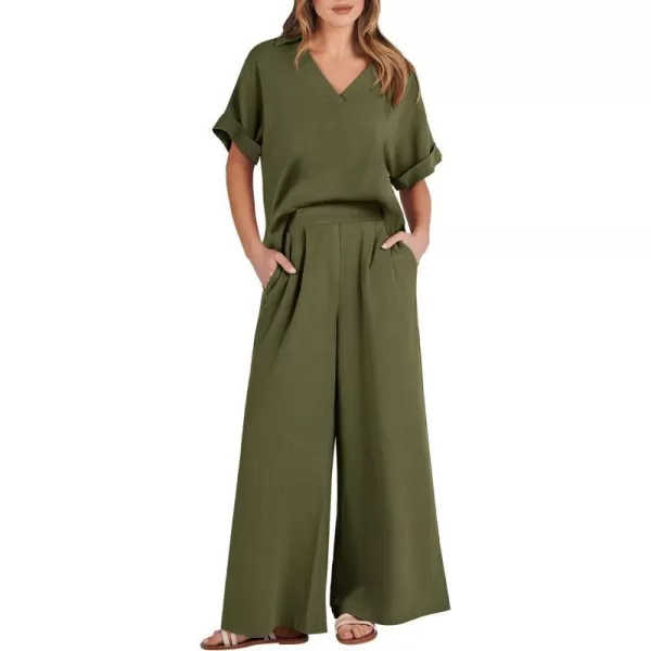 imageANRABESS Womens 2 Piece Outfits Lounge Sets 2024 Summer Short Sleeve V Neck Crop Top Wide Leg Pants Casual Resort WearArmy Green