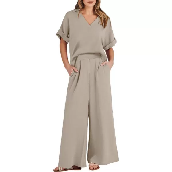 imageANRABESS Womens 2 Piece Outfits Lounge Sets 2024 Summer Short Sleeve V Neck Crop Top Wide Leg Pants Casual Resort WearBeige
