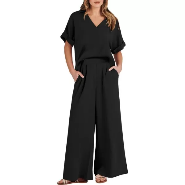 imageANRABESS Womens 2 Piece Outfits Lounge Sets 2024 Summer Short Sleeve V Neck Crop Top Wide Leg Pants Casual Resort WearBlack