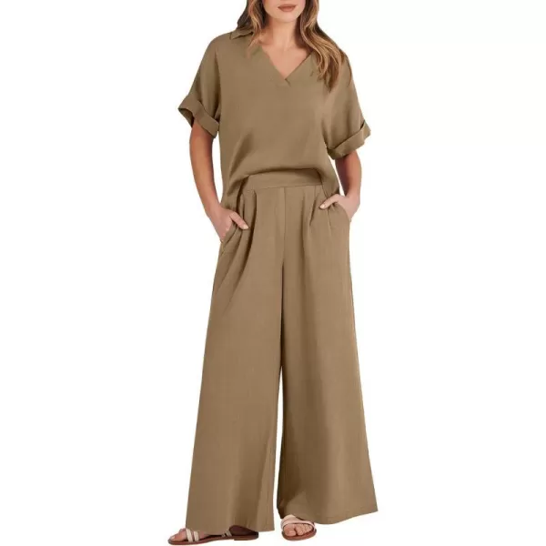 imageANRABESS Womens 2 Piece Outfits Lounge Sets 2024 Summer Short Sleeve V Neck Crop Top Wide Leg Pants Casual Resort WearBrown