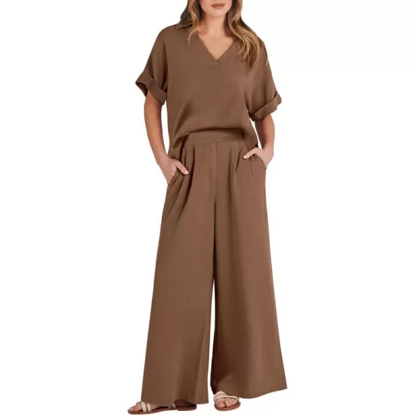 imageANRABESS Womens 2 Piece Outfits Lounge Sets 2024 Summer Short Sleeve V Neck Crop Top Wide Leg Pants Casual Resort WearCoffee