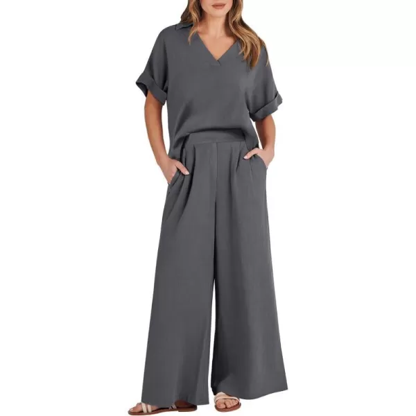 imageANRABESS Womens 2 Piece Outfits Lounge Sets 2024 Summer Short Sleeve V Neck Crop Top Wide Leg Pants Casual Resort WearGrey