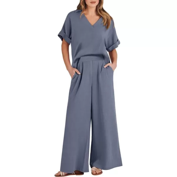 imageANRABESS Womens 2 Piece Outfits Lounge Sets 2024 Summer Short Sleeve V Neck Crop Top Wide Leg Pants Casual Resort WearGrey Blue