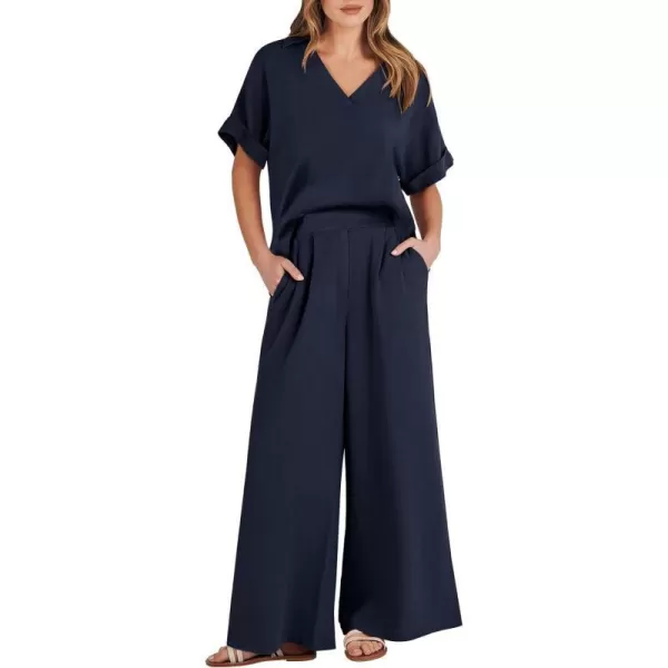 imageANRABESS Womens 2 Piece Outfits Lounge Sets 2024 Summer Short Sleeve V Neck Crop Top Wide Leg Pants Casual Resort WearNavy Blue