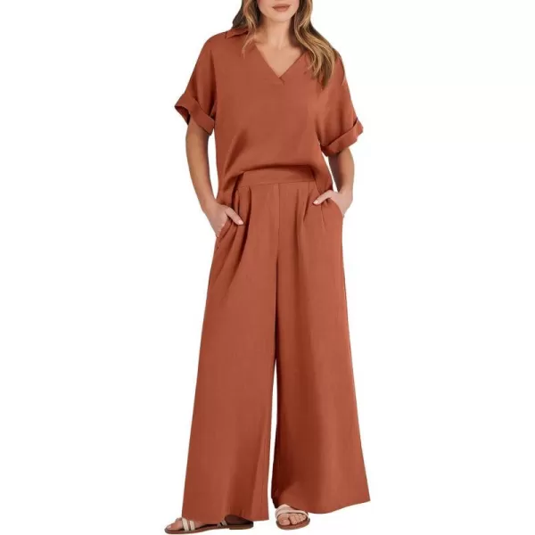 imageANRABESS Womens 2 Piece Outfits Lounge Sets 2024 Summer Short Sleeve V Neck Crop Top Wide Leg Pants Casual Resort WearRust