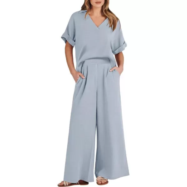 imageANRABESS Womens 2 Piece Outfits Lounge Sets 2024 Summer Short Sleeve V Neck Crop Top Wide Leg Pants Casual Resort WearSky