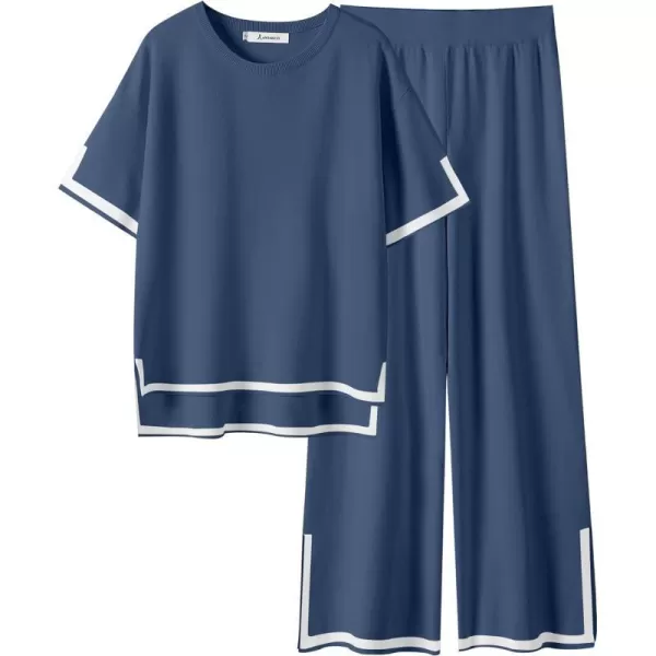 imageANRABESS Womens 2 Piece Outfits Lounge Sets Short Sleeve Pullover Sweater Sets Wide leg Loose Casual Comfy Pajama SetsNavy Blue