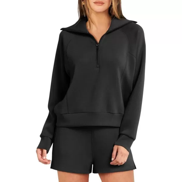 imageANRABESS Womens 2 Piece Outfits Oversized Half Zip Sweat Suits Short Sets 2023 Fall Comfy Sweatshirt Matching Lounge SetsBlack