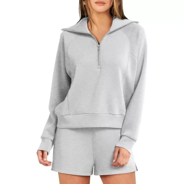 imageANRABESS Womens 2 Piece Outfits Oversized Half Zip Sweat Suits Short Sets 2023 Fall Comfy Sweatshirt Matching Lounge SetsLight Grey