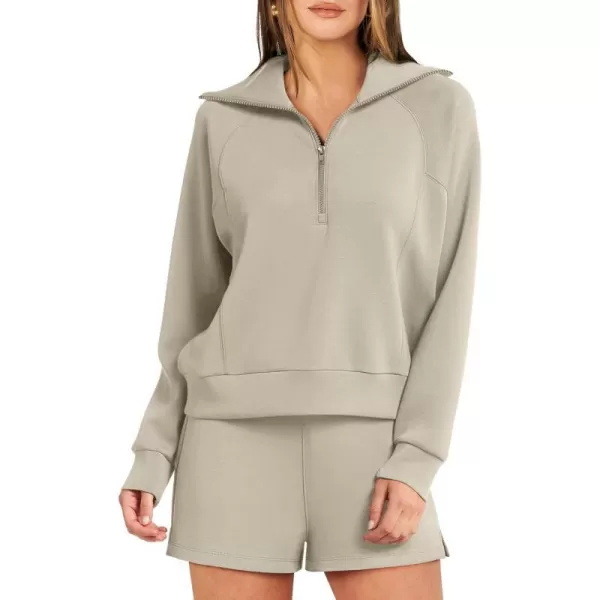 imageANRABESS Womens 2 Piece Outfits Oversized Half Zip Sweat Suits Short Sets 2023 Fall Comfy Sweatshirt Matching Lounge SetsLight Khaki