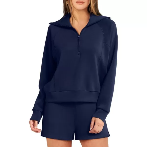 imageANRABESS Womens 2 Piece Outfits Oversized Half Zip Sweat Suits Short Sets 2023 Fall Comfy Sweatshirt Matching Lounge SetsNavy Blue
