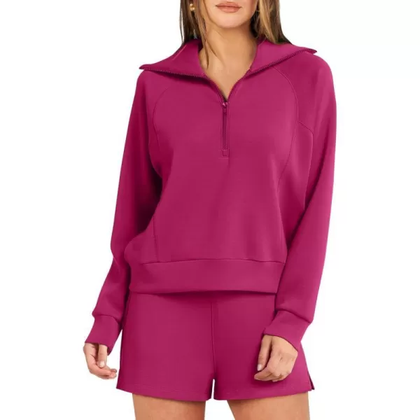 imageANRABESS Womens 2 Piece Outfits Oversized Half Zip Sweat Suits Short Sets 2023 Fall Comfy Sweatshirt Matching Lounge SetsRose