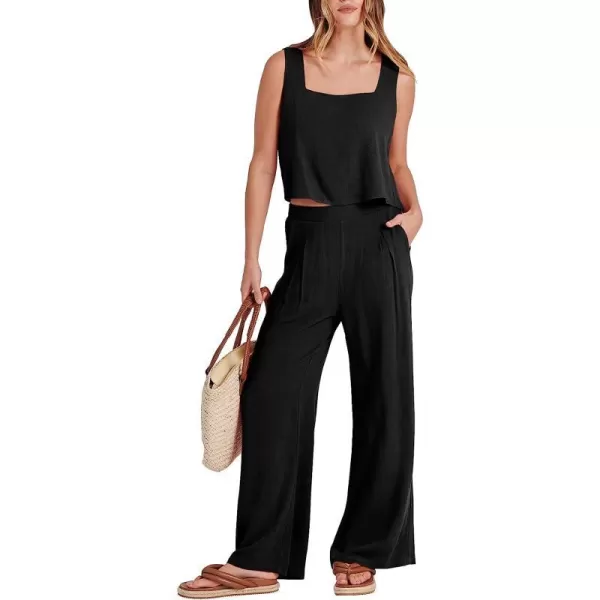 imageANRABESS Womens 2 Piece Outfits Square Neck Linen Tank Crop Top Wide Leg Pants Matching Lounge Set TracksuitBlack