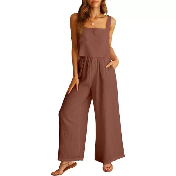 imageANRABESS Womens 2 Piece Outfits Square Neck Linen Tank Crop Top Wide Leg Pants Matching Lounge Set TracksuitBrown