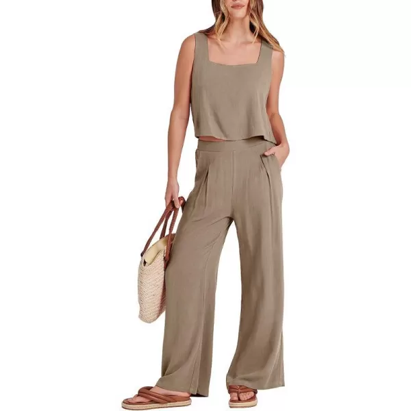 imageANRABESS Womens 2 Piece Outfits Square Neck Linen Tank Crop Top Wide Leg Pants Matching Lounge Set TracksuitKhaki