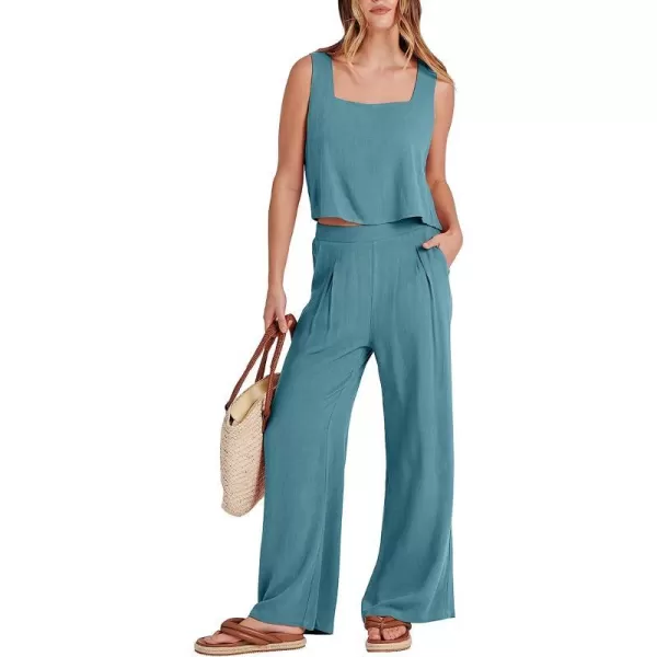 imageANRABESS Womens 2 Piece Outfits Square Neck Linen Tank Crop Top Wide Leg Pants Matching Lounge Set TracksuitLake